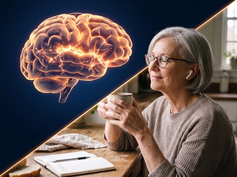 A glowing brain beside a smiling woman listening with earbuds
